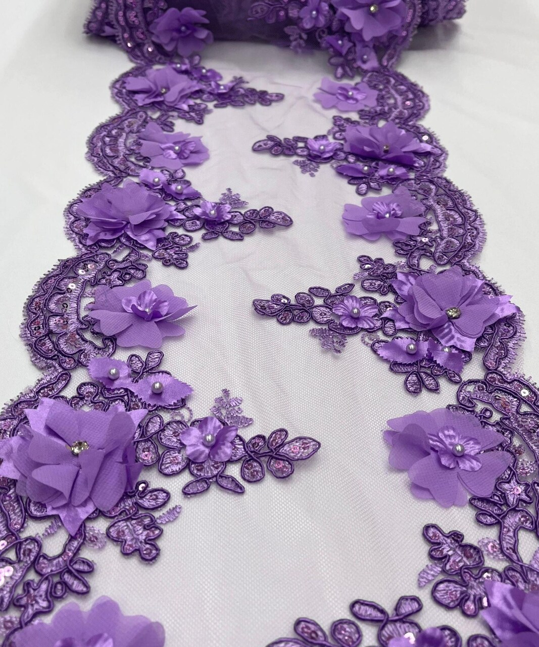Lavender 3D Wide Floral Sequin & Mesh with Pearls Lace Trim for Table Runner 22"